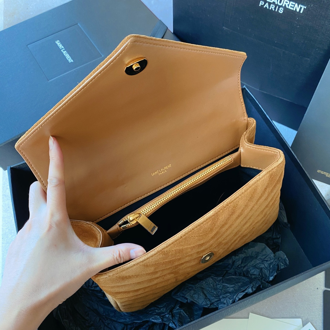 Y*L COLLEGE MEDIUM IN QUILTED SUEDE BROWN 9.4 X 6.6 X 2.5 INCHES