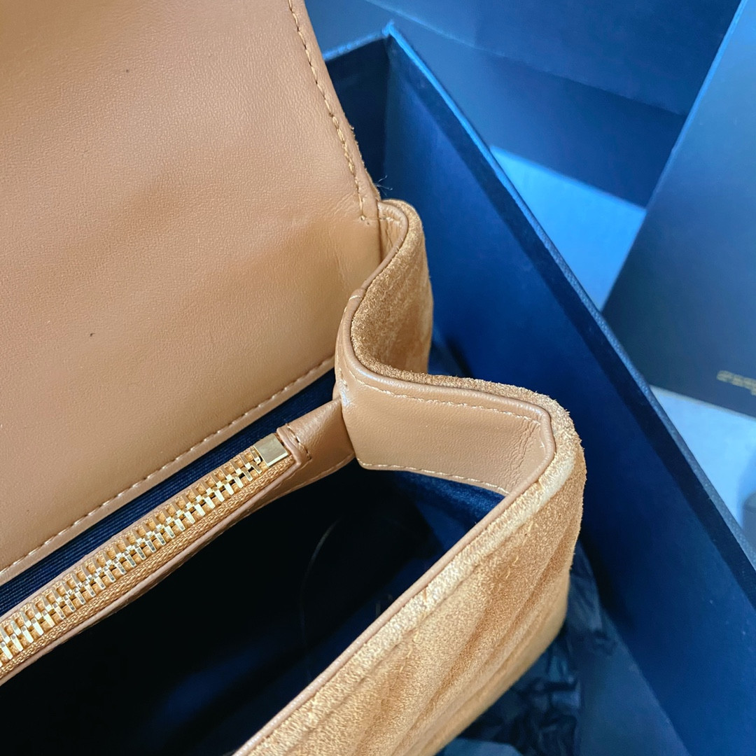 Y*L COLLEGE MEDIUM IN QUILTED SUEDE BROWN 9.4 X 6.6 X 2.5 INCHES