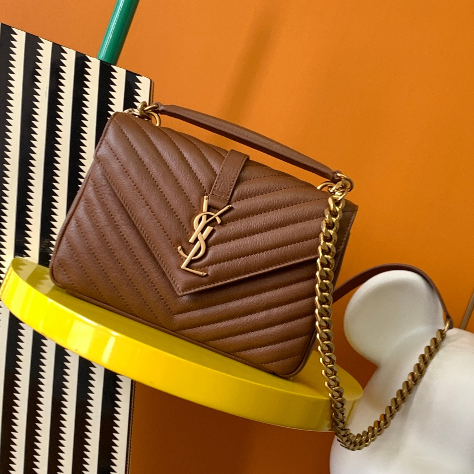 Y*L COLLEGE MEDIUM IN QUILTED LEATHER COFFEE 9.4 X 6.6 X 2.5 INCHES