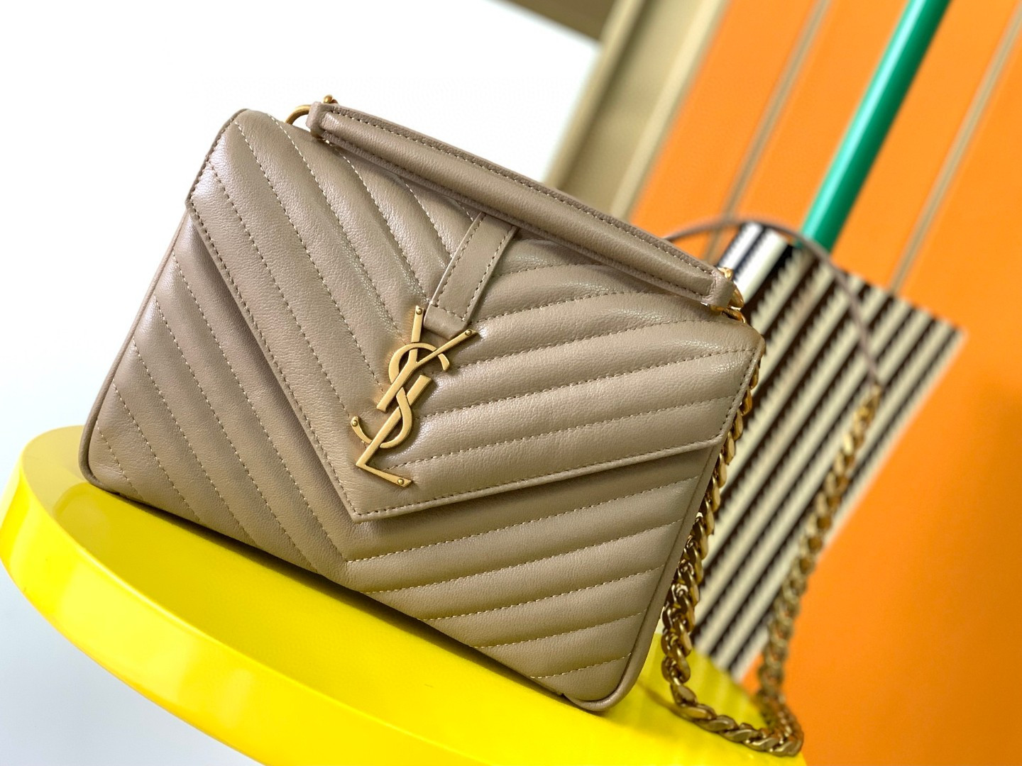 Y*L COLLEGE MEDIUM IN QUILTED LEATHER BROWN 9.4 X 6.6 X 2.5 INCHES