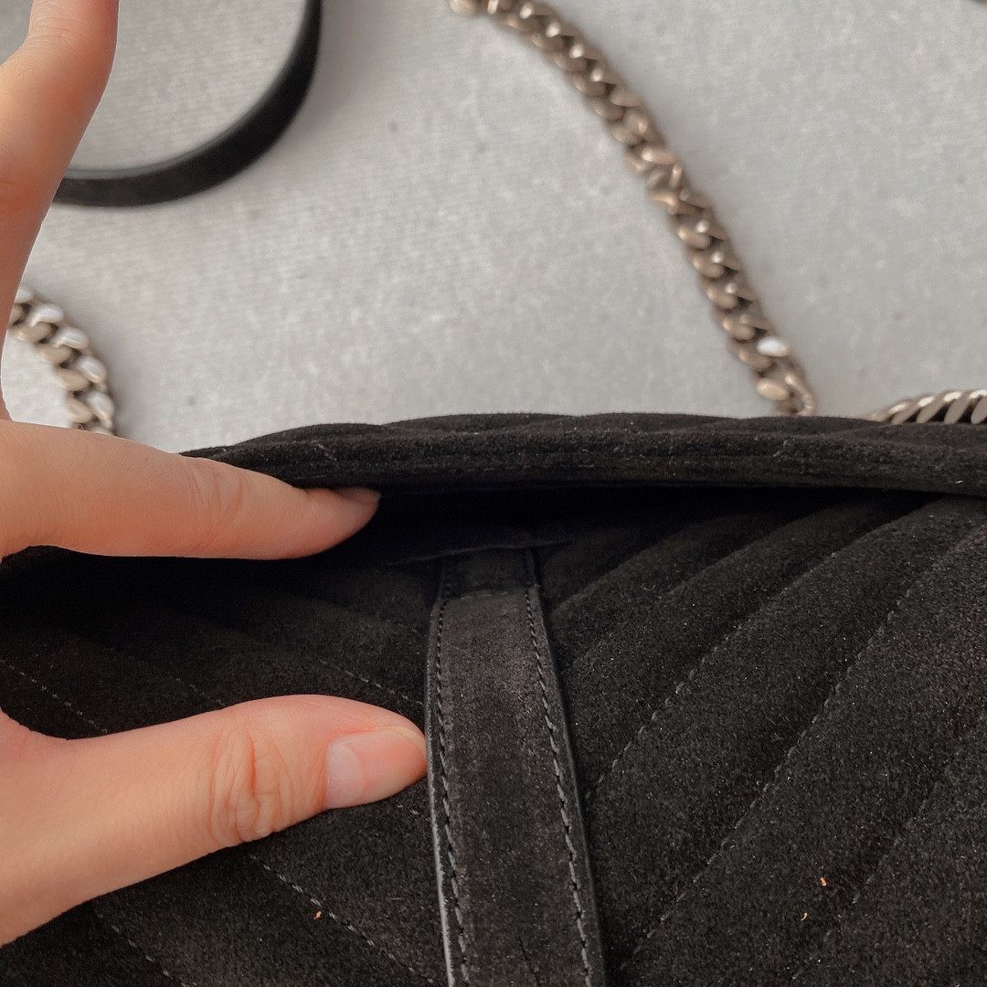 Y*L COLLEGE MEDIUM IN QUILTED LEATHER BLACK SILVER 9.4 X 6.6 X 2.5 INCHES