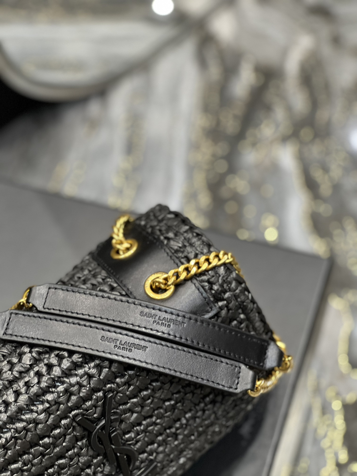 Y*L NIKI CHAIN BAG IN RAFFIA AND LEATHER BLACK 22×16.5×12 CM