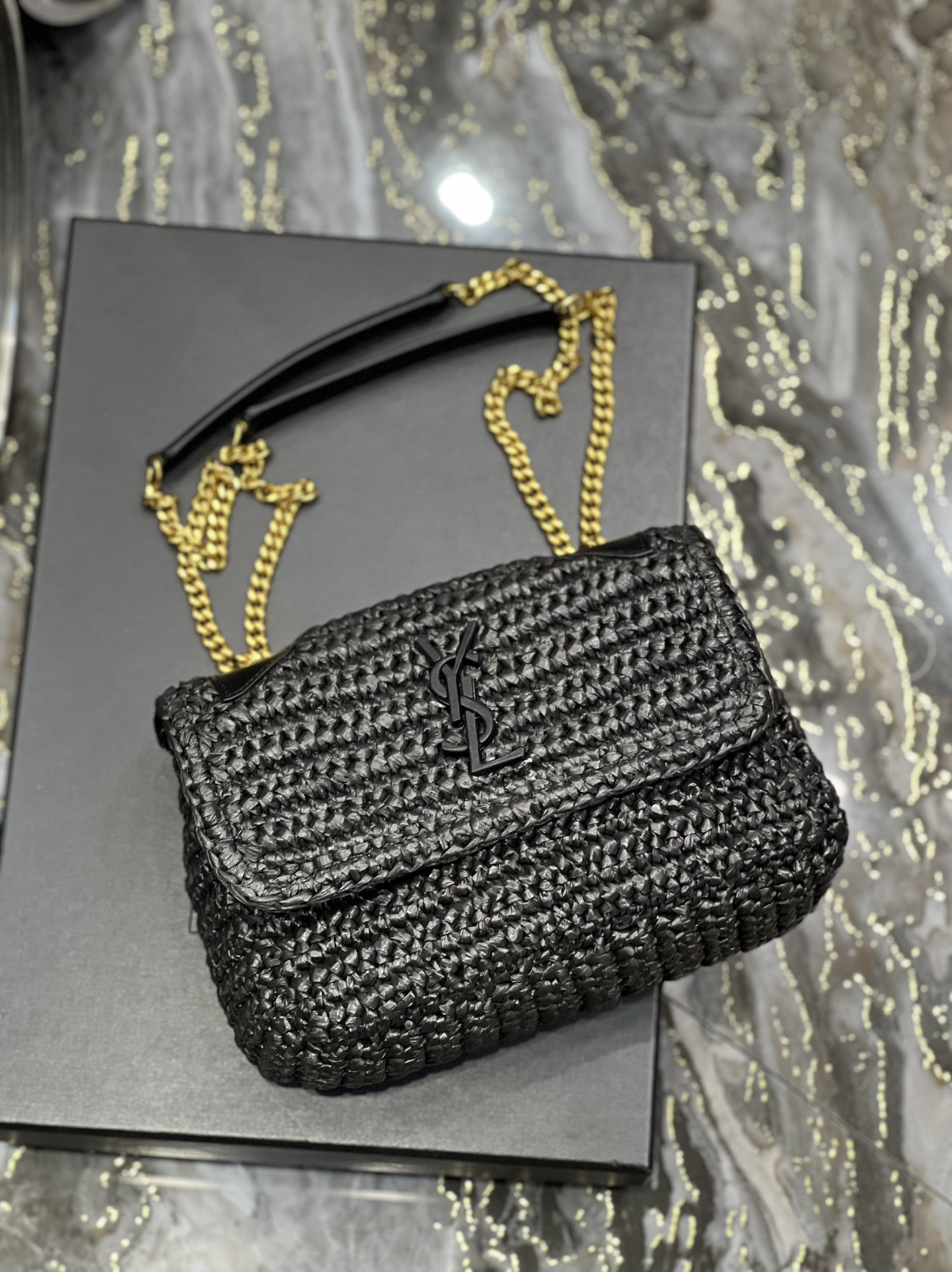 Y*L NIKI CHAIN BAG IN RAFFIA AND LEATHER BLACK 22×16.5×12 CM