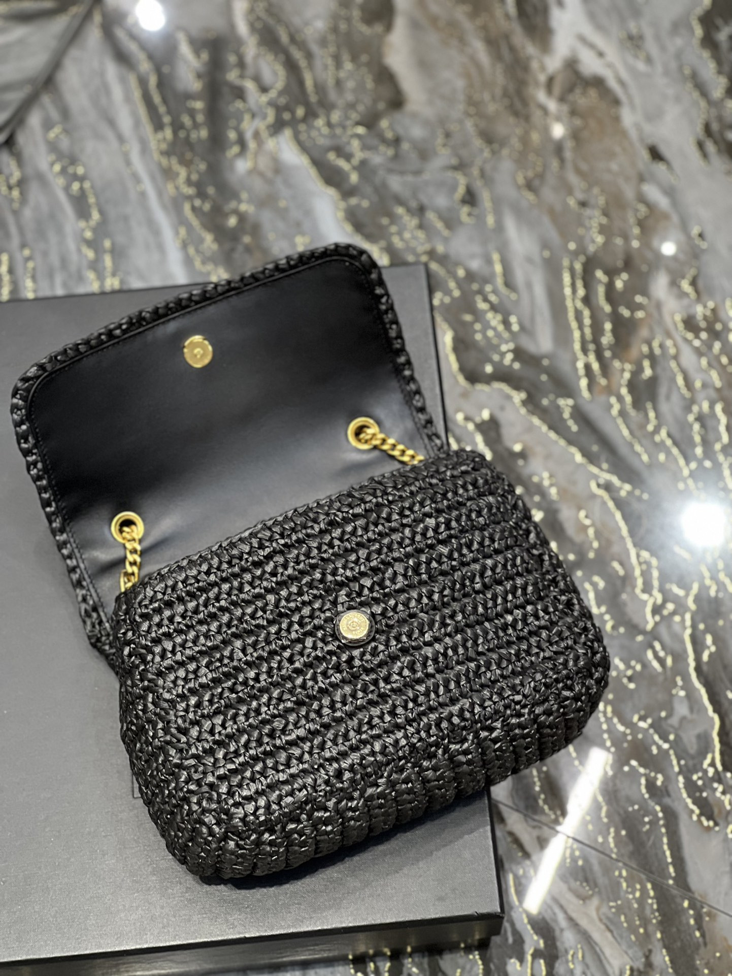 Y*L NIKI CHAIN BAG IN RAFFIA AND LEATHER BLACK 22×16.5×12 CM