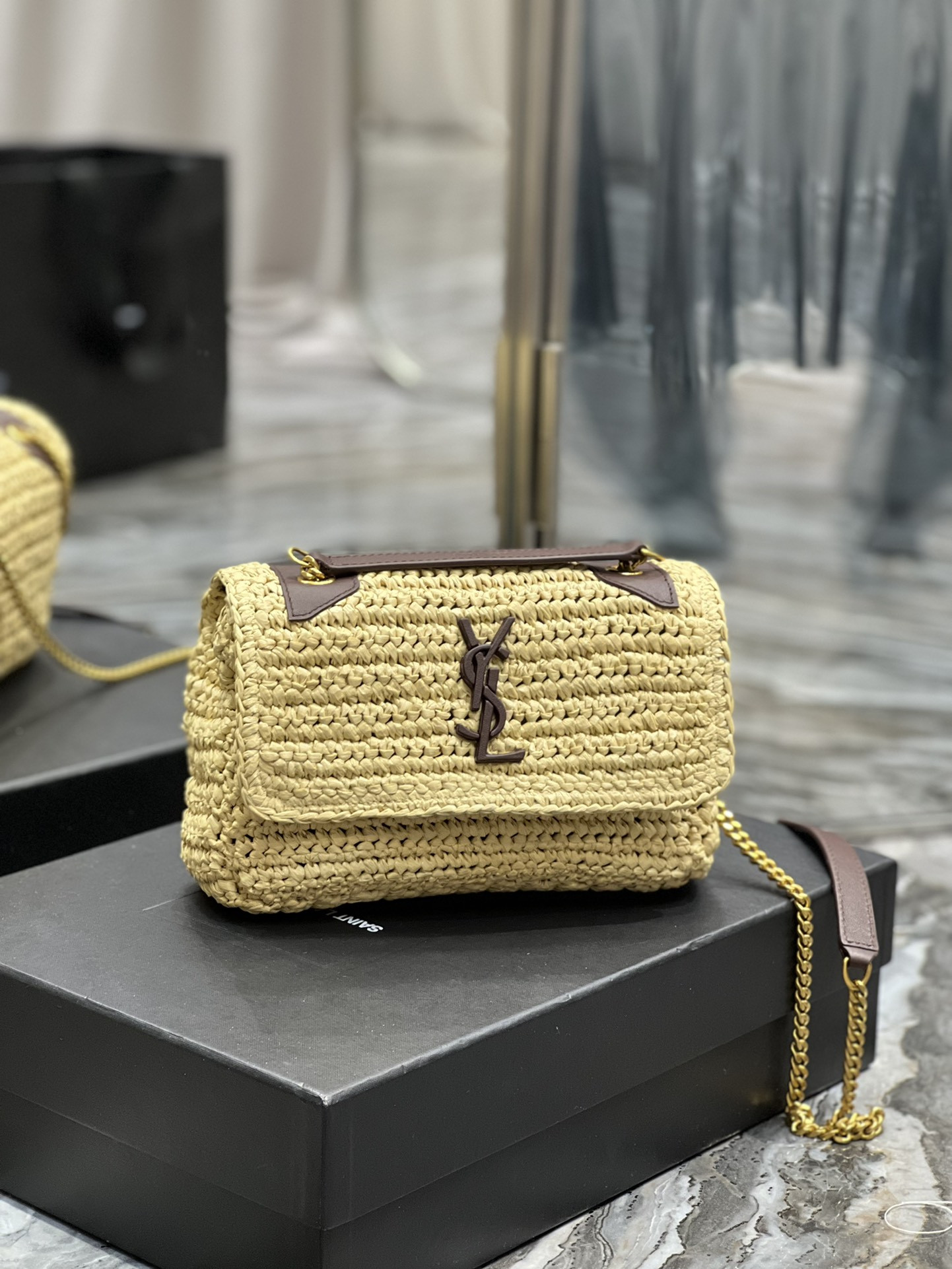 Y*L NIKI CHAIN BAG IN RAFFIA AND LEATHER BEIGE 22×16.5×12 CM