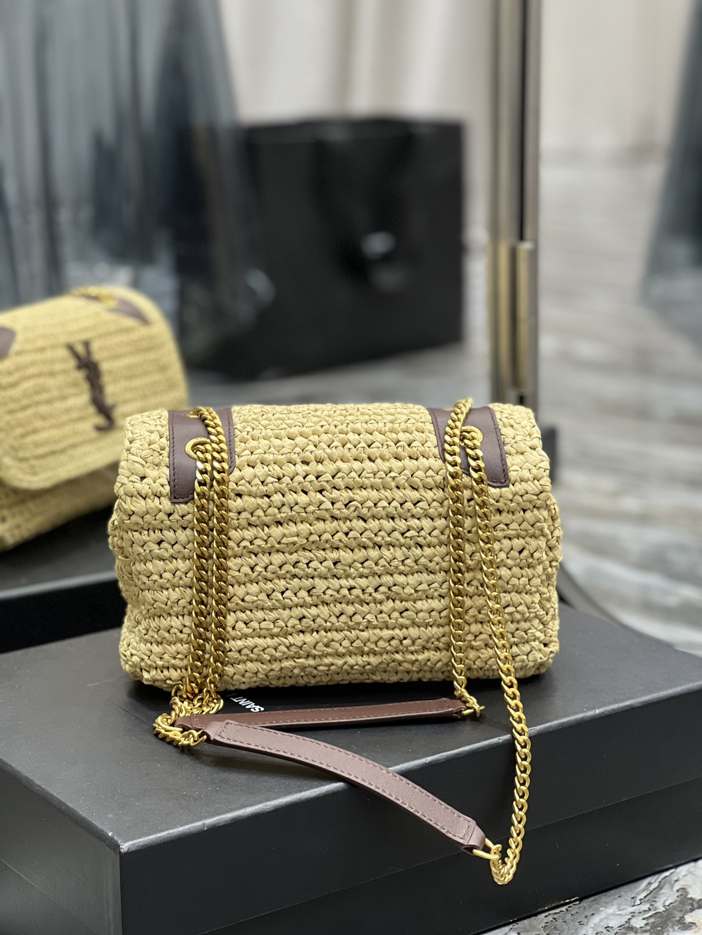Y*L NIKI CHAIN BAG IN RAFFIA AND LEATHER BEIGE 22×16.5×12 CM