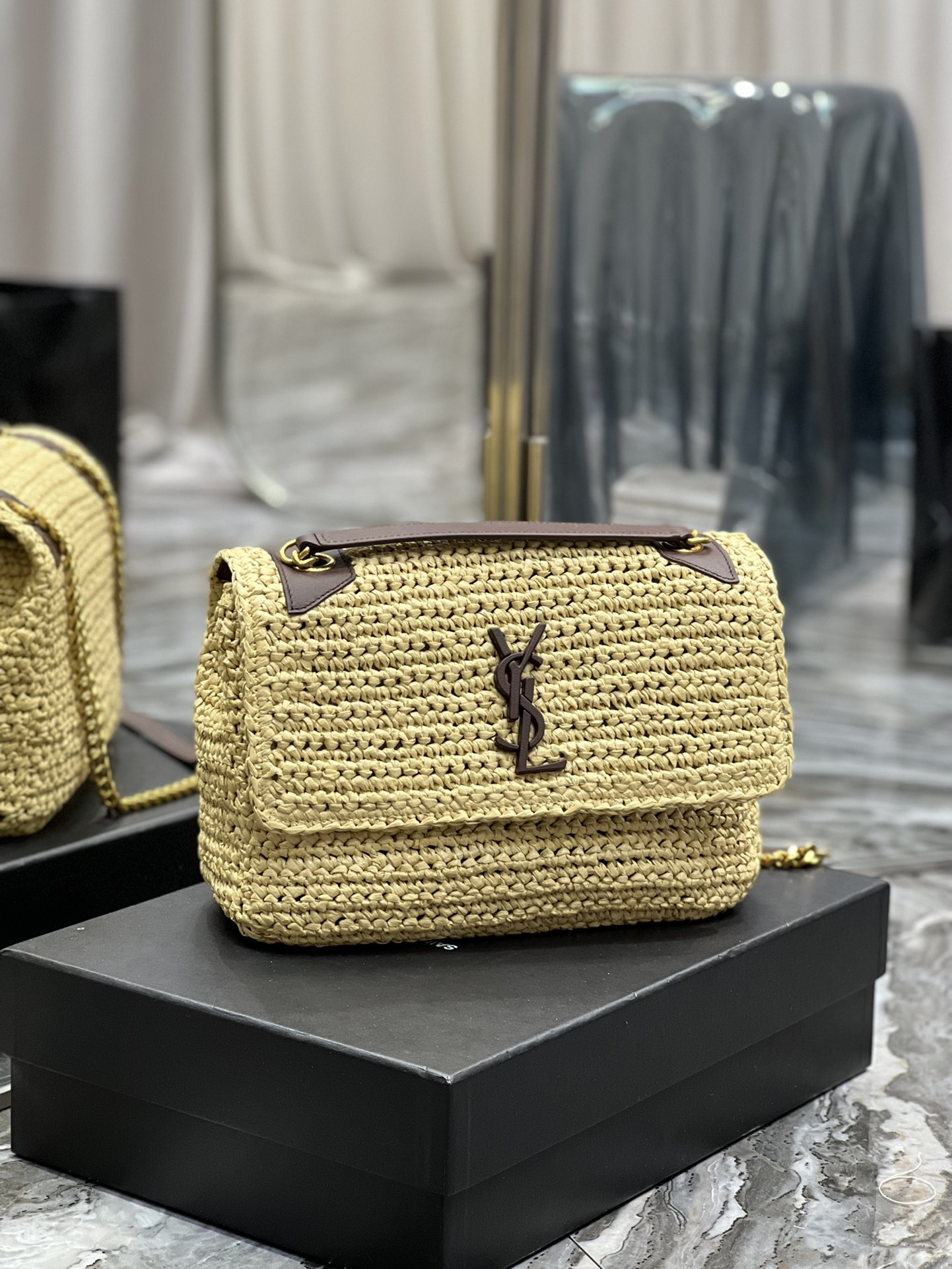 Y*L NIKI MEDIUM CHAIN BAG IN RAFFIA AND LEATHER BEIGE 11 X 7.8 X 3.3 INCHES