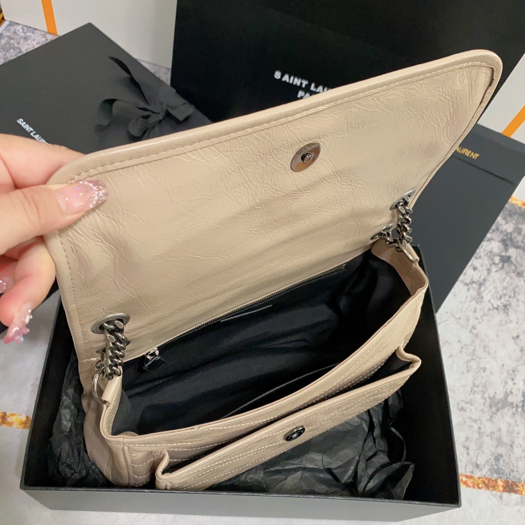 Y*L NIKI MEDIUM IN VINTAGE LEATHER BEIGE 11 X 7.8 X 3.3 INCHES