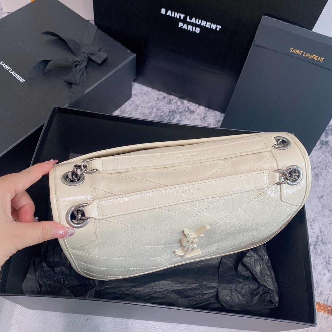 Y*L NIKI MEDIUM IN VINTAGE LEATHER WHITE 11 X 7.8 X 3.3 INCHES