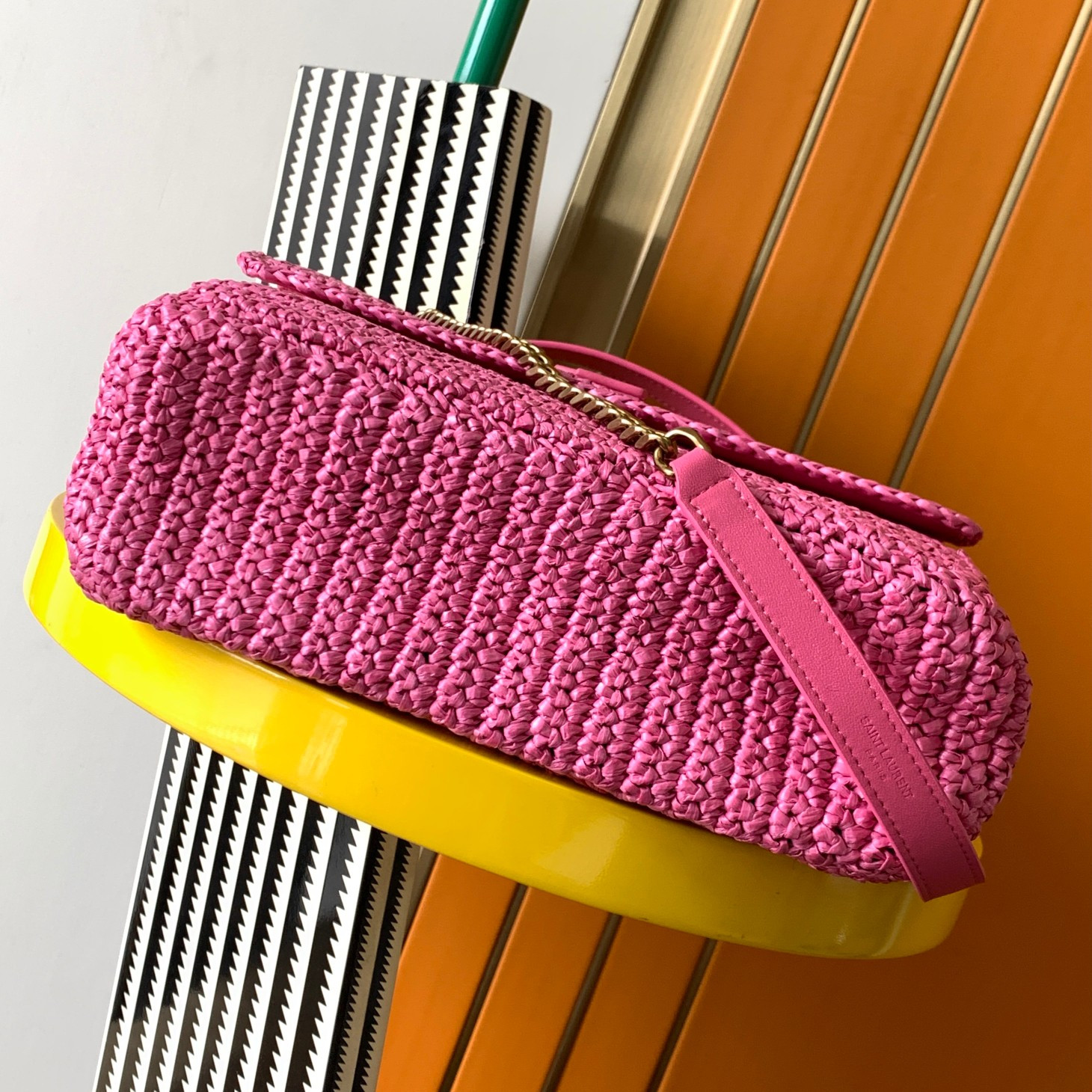 Y*L NIKI MEDIUM CHAIN BAG IN RAFFIA AND LEATHER 11 X 7.8 X 3.3 INCHES