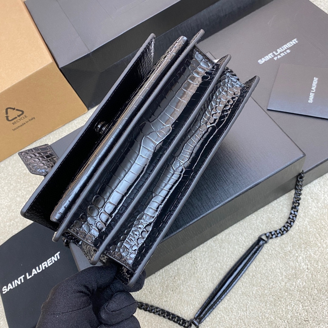 Y*L SUNSET MEDIUM IN CROCODILE-EMBOSSED LEATHER NOIR 8 X 6.2 X 2.5 INCHES