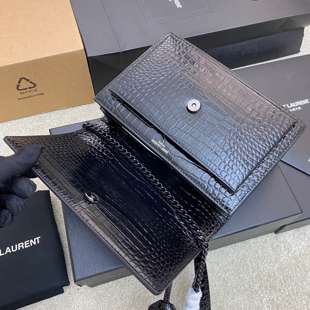 Y*L SUNSET MEDIUM IN CROCODILE-EMBOSSED LEATHER NOIR 8 X 6.2 X 2.5 INCHES