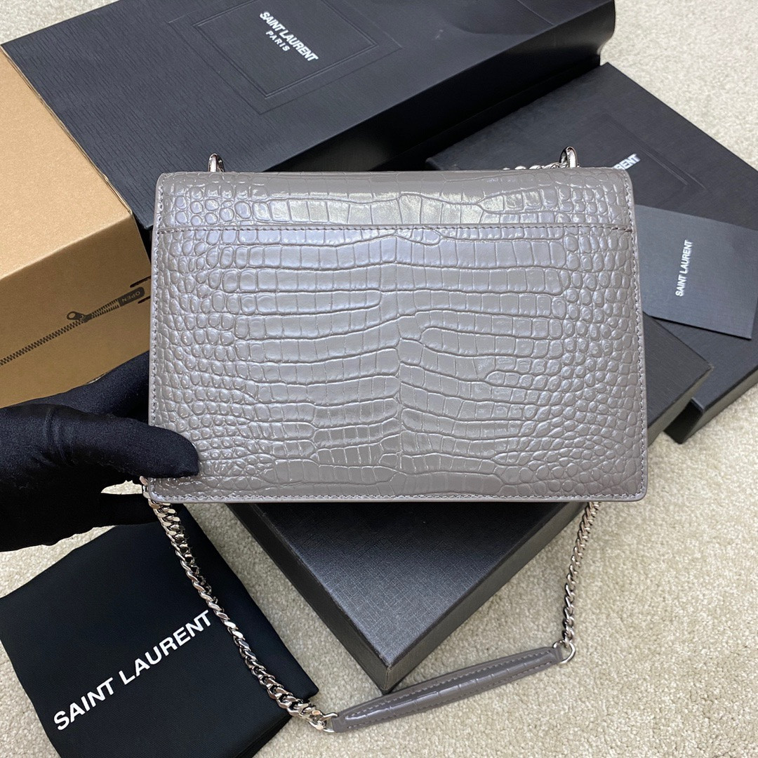 Y*L SUNSET MEDIUM IN CROCODILE-EMBOSSED LEATHER GRAY 8 X 6.2 X 2.5 INCHES