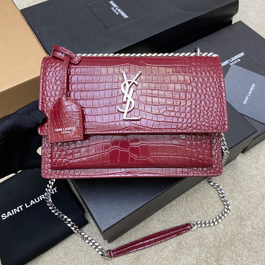 Y*L SUNSET MEDIUM IN CROCODILE-EMBOSSED LEATHER RED VELVET 8 X 6.2 X 2.5 INCHES