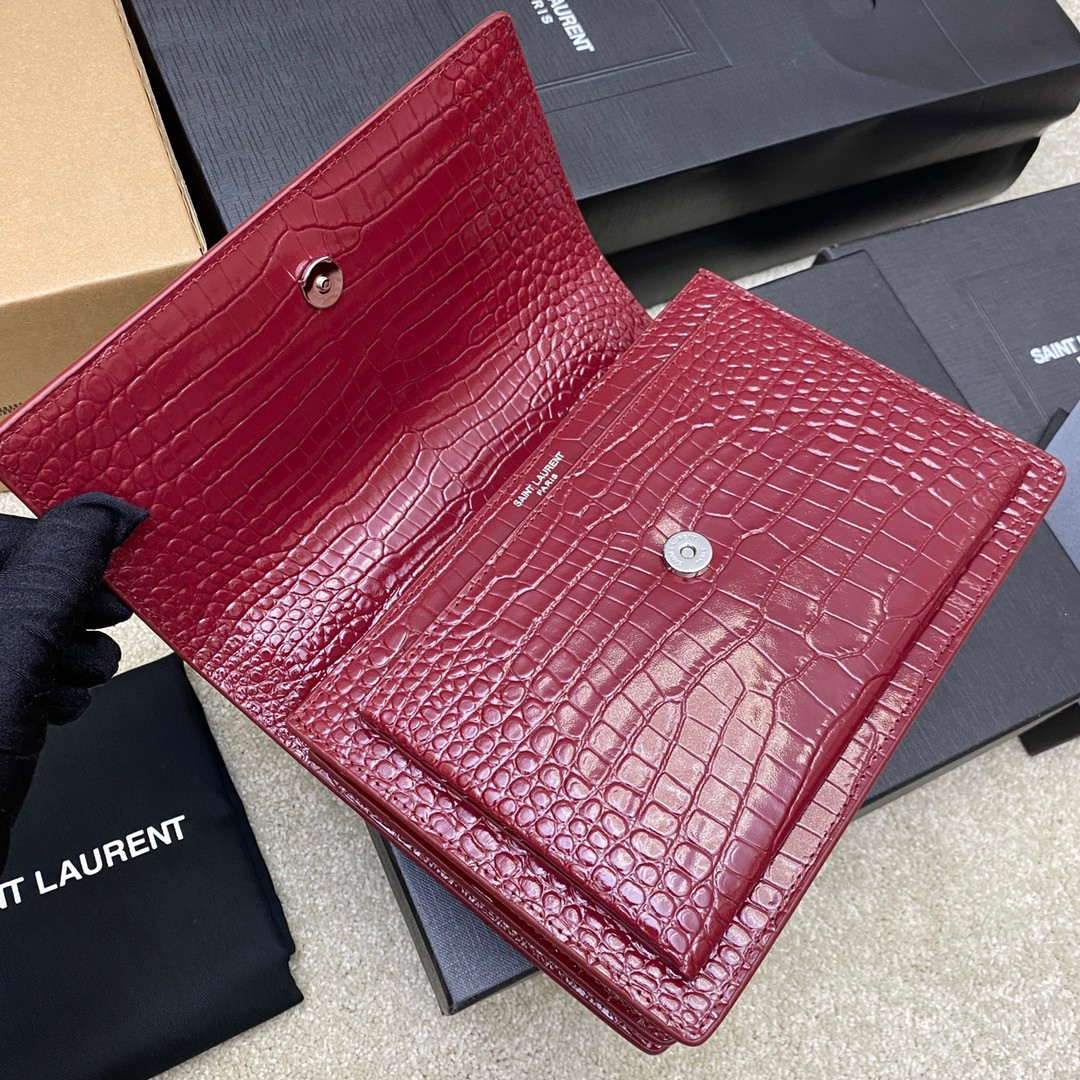 Y*L SUNSET MEDIUM IN CROCODILE-EMBOSSED LEATHER RED VELVET 8 X 6.2 X 2.5 INCHES