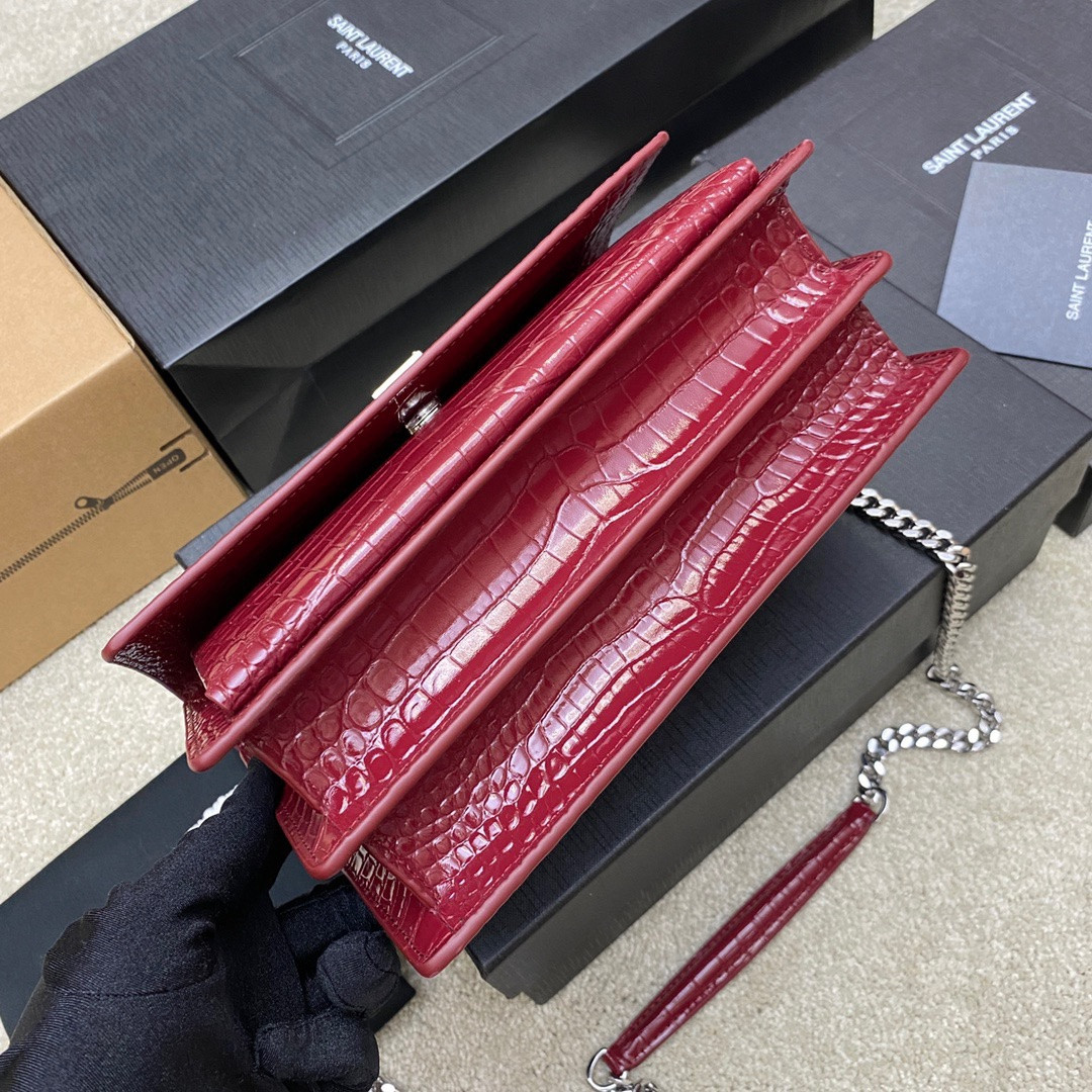 Y*L SUNSET MEDIUM IN CROCODILE-EMBOSSED LEATHER RED VELVET 8 X 6.2 X 2.5 INCHES