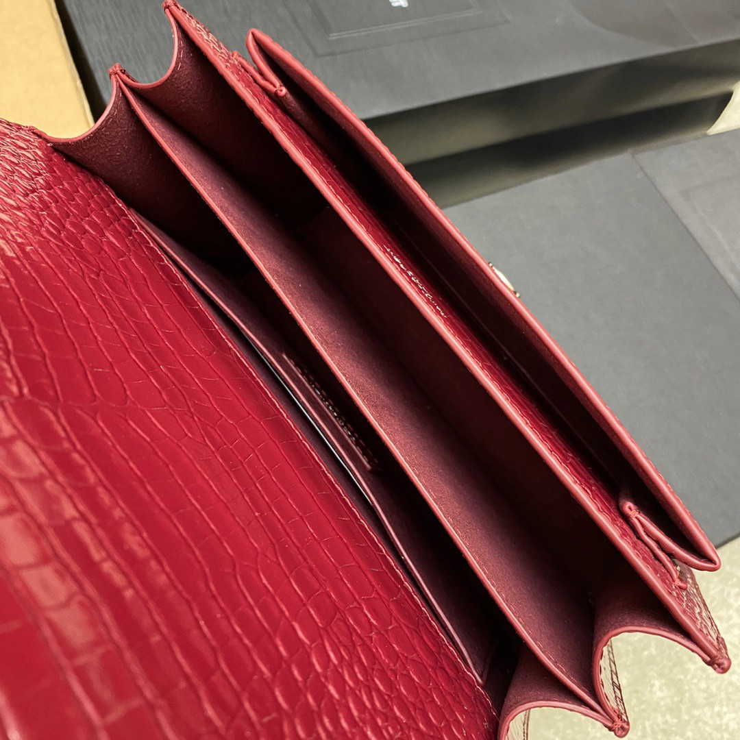 Y*L SUNSET MEDIUM IN CROCODILE-EMBOSSED LEATHER RED VELVET 8 X 6.2 X 2.5 INCHES