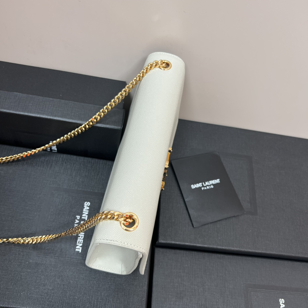 Y*L KATE MEDIUM IN GRAIN DE POUDRE EMBOSSED LEATHER WHITE GOLD 9.4 X 5.7 X 2.1 INCHES