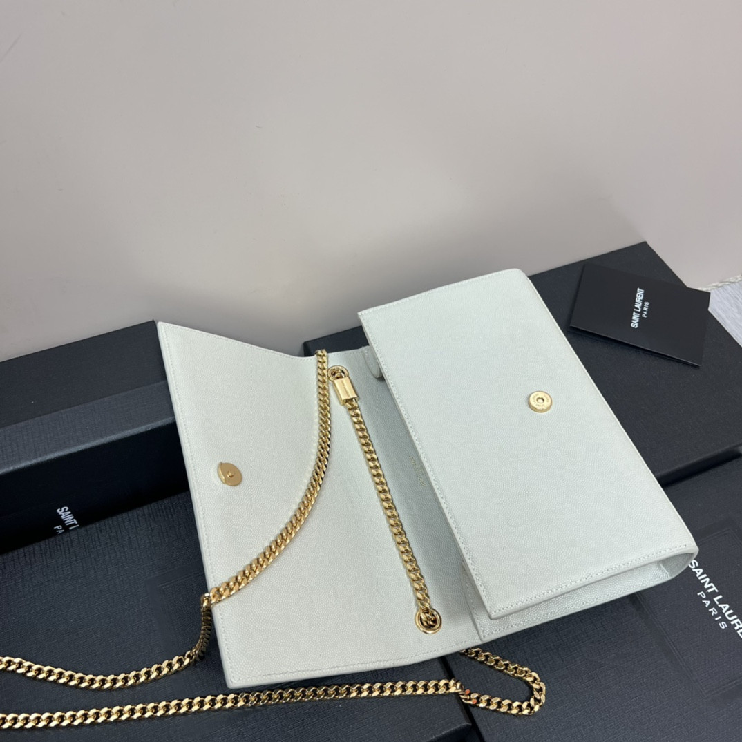 Y*L KATE MEDIUM IN GRAIN DE POUDRE EMBOSSED LEATHER WHITE GOLD 9.4 X 5.7 X 2.1 INCHES