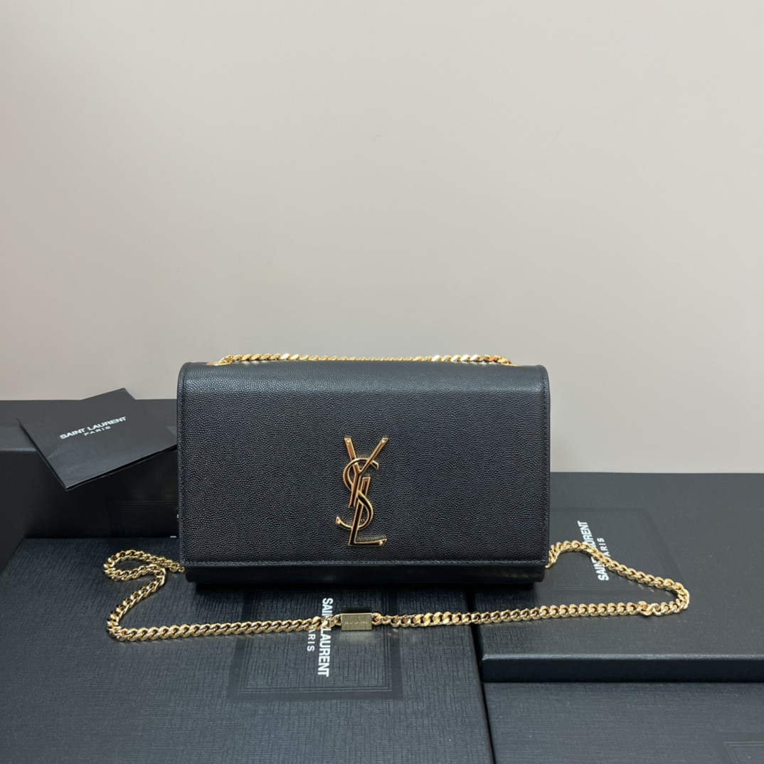 Y*L KATE MEDIUM IN GRAIN DE POUDRE EMBOSSED LEATHER BLACK GOLD 9.4 X 5.7 X 2.1 INCHES