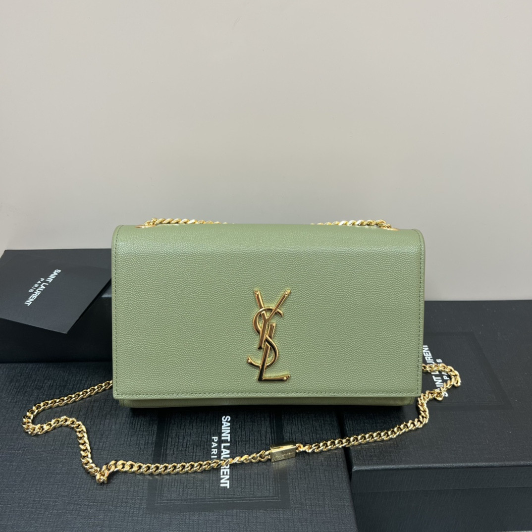 Y*L KATE MEDIUM IN GRAIN DE POUDRE EMBOSSED LEATHER GREEN 9.4 X 5.7 X 2.1 INCHES