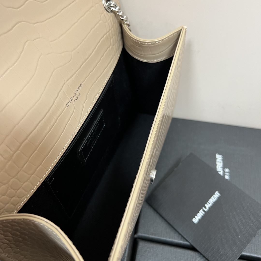 Y*L KATE MEDIUM TASSEL IN CROCODILE-EMBOSSED LEATHER BEIGE 9.4 X 5.7 X 2.1 INCHES