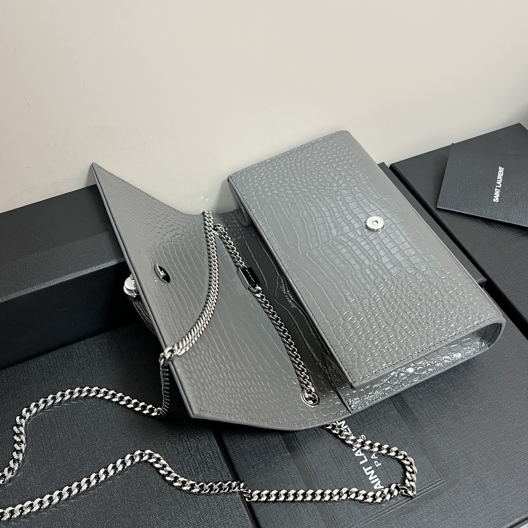 Y*L KATE MEDIUM TASSEL IN CROCODILE-EMBOSSED LEATHER GRAY 9.4 X 5.7 X 2.1 INCHES