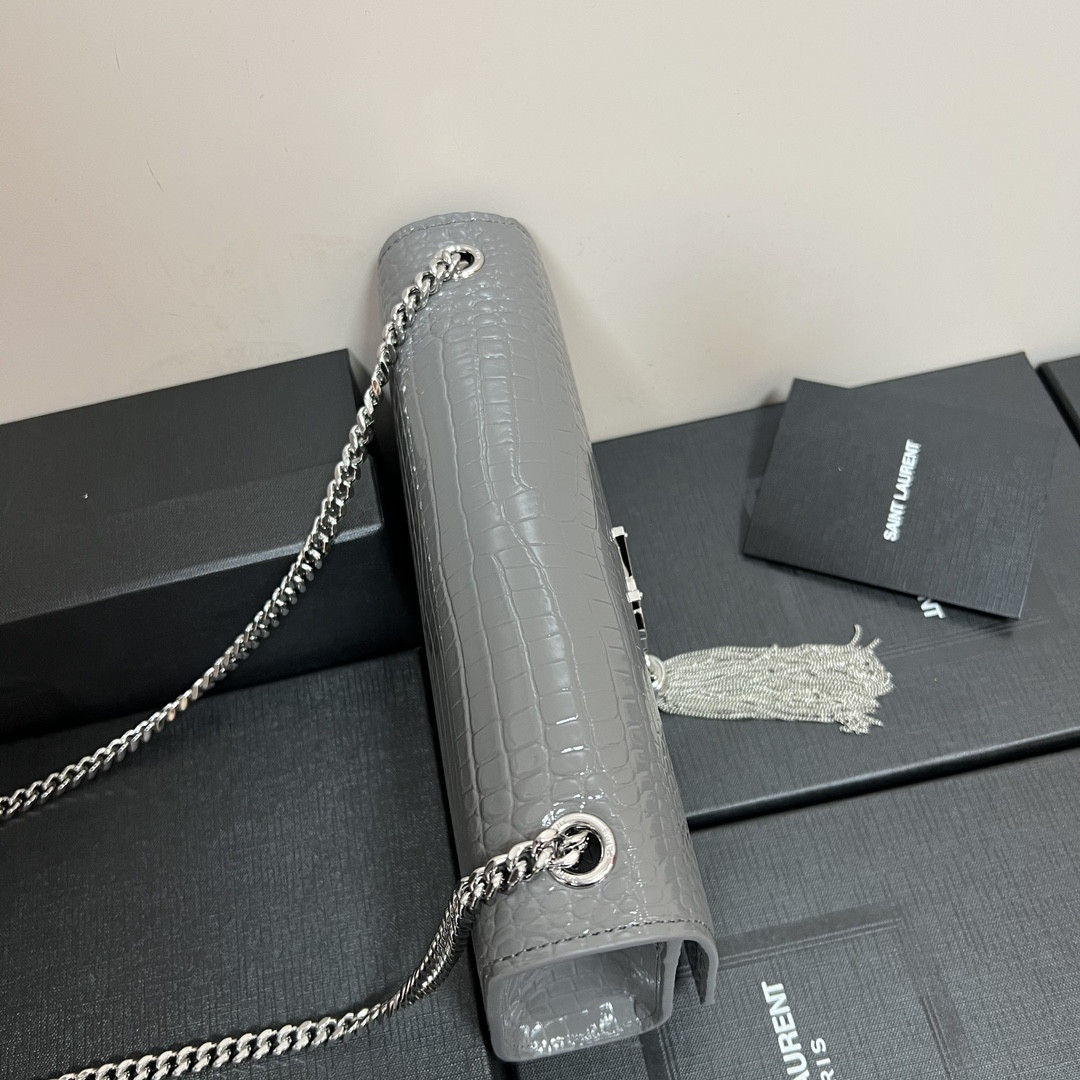 Y*L KATE MEDIUM TASSEL IN CROCODILE-EMBOSSED LEATHER GRAY 9.4 X 5.7 X 2.1 INCHES