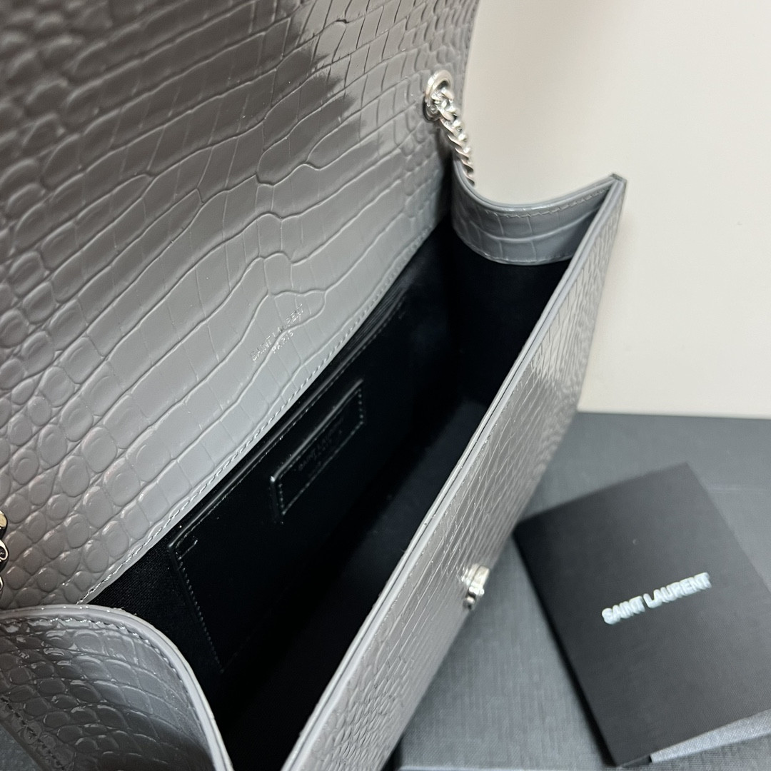 Y*L KATE MEDIUM TASSEL IN CROCODILE-EMBOSSED LEATHER GRAY 9.4 X 5.7 X 2.1 INCHES