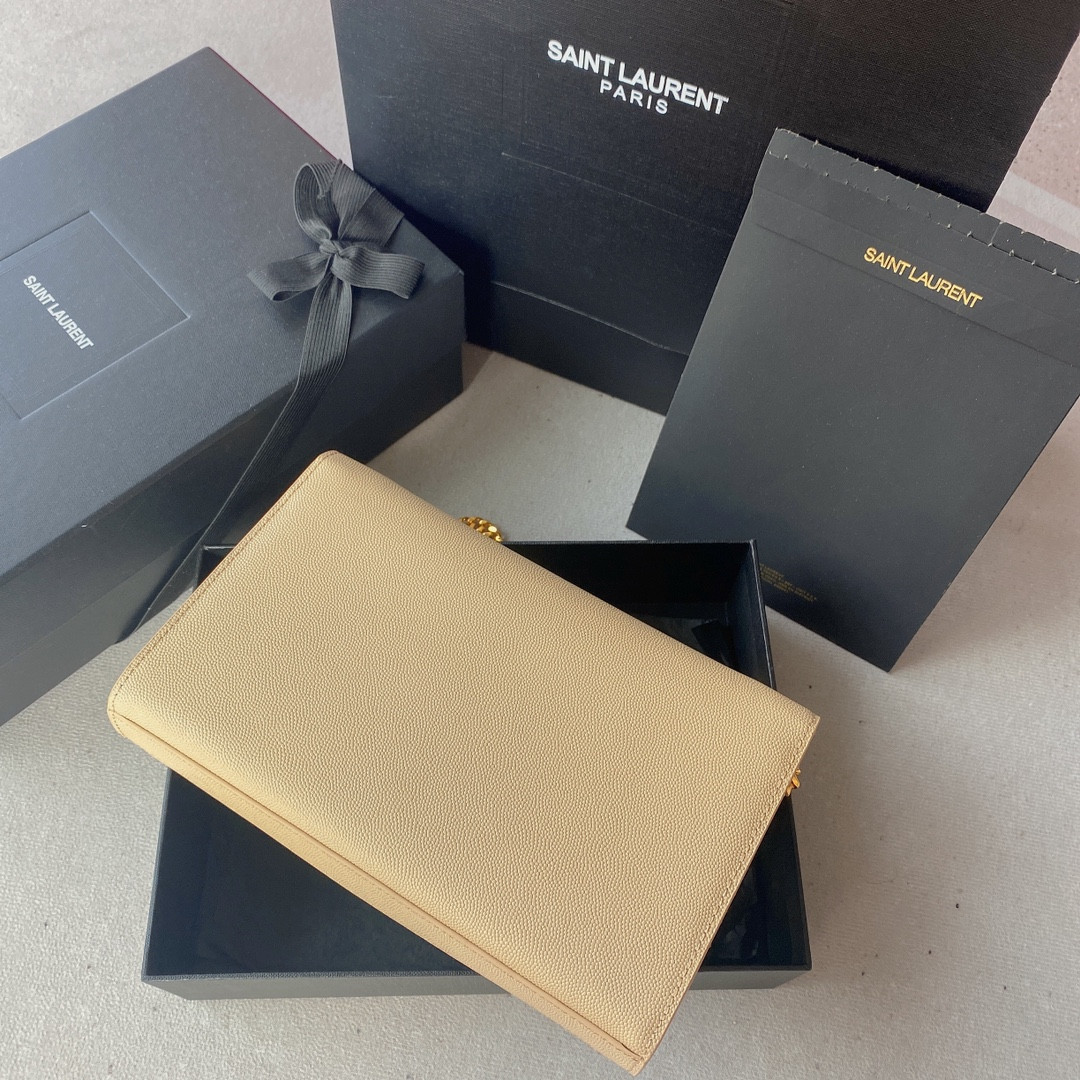 Y*L KATE MEDIUM IN GRAIN DE POUDRE EMBOSSED LEATHER DARK BEIGE 9.4 X 5.7 X 2.1 INCHES