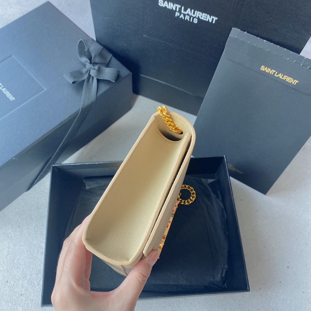 Y*L KATE MEDIUM IN GRAIN DE POUDRE EMBOSSED LEATHER DARK BEIGE 9.4 X 5.7 X 2.1 INCHES