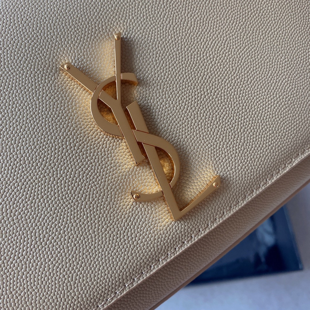 Y*L KATE MEDIUM IN GRAIN DE POUDRE EMBOSSED LEATHER DARK BEIGE 9.4 X 5.7 X 2.1 INCHES