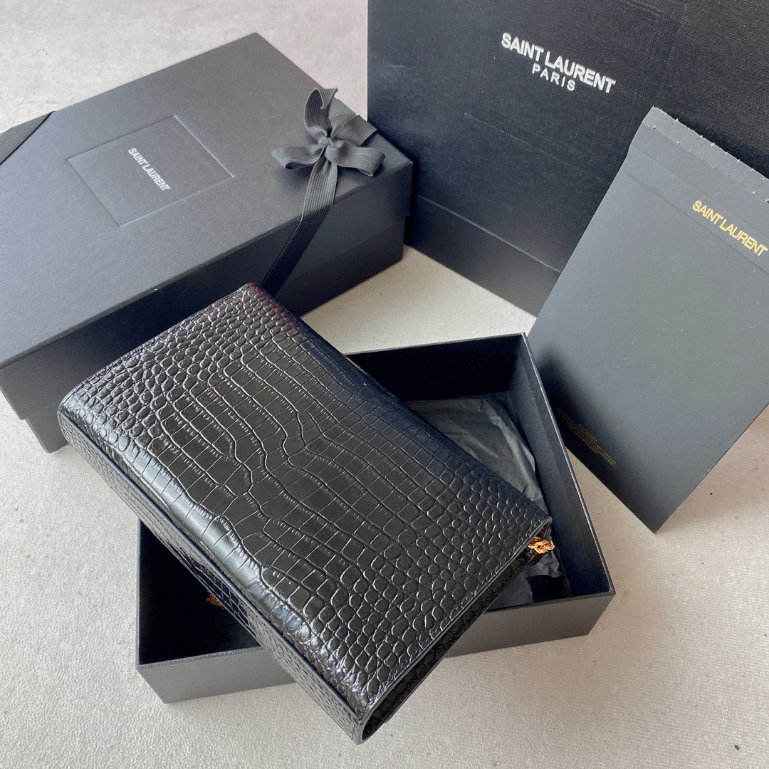 Y*L KATE MEDIUM TASSEL IN CROCODILE-EMBOSSED LEATHER BLACK 9.4 X 5.7 X 2.1 INCHES