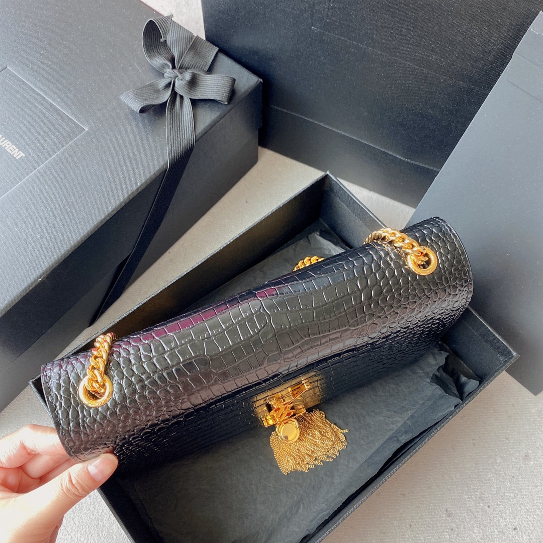 Y*L KATE MEDIUM TASSEL IN CROCODILE-EMBOSSED LEATHER BLACK 9.4 X 5.7 X 2.1 INCHES