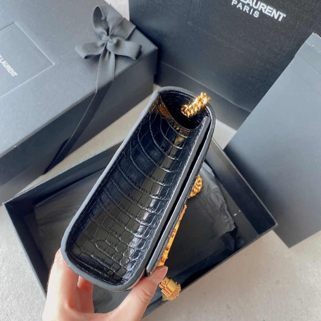 Y*L KATE MEDIUM TASSEL IN CROCODILE-EMBOSSED LEATHER BLACK 9.4 X 5.7 X 2.1 INCHES