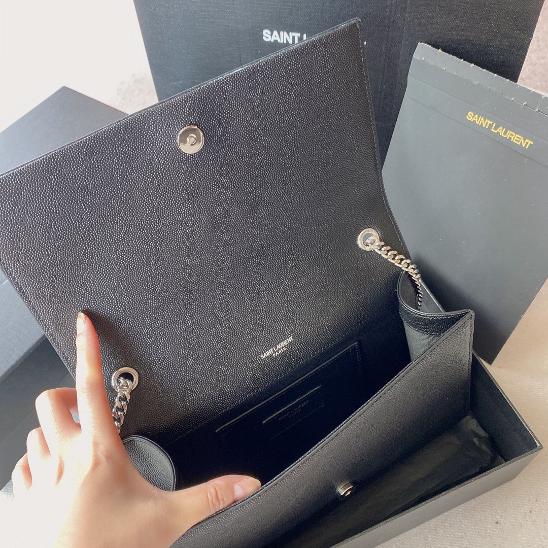 Y*L KATE MEDIUM IN GRAIN DE POUDRE EMBOSSED LEATHER BLACK SILVER 9.4 X 5.7 X 2.1 INCHES