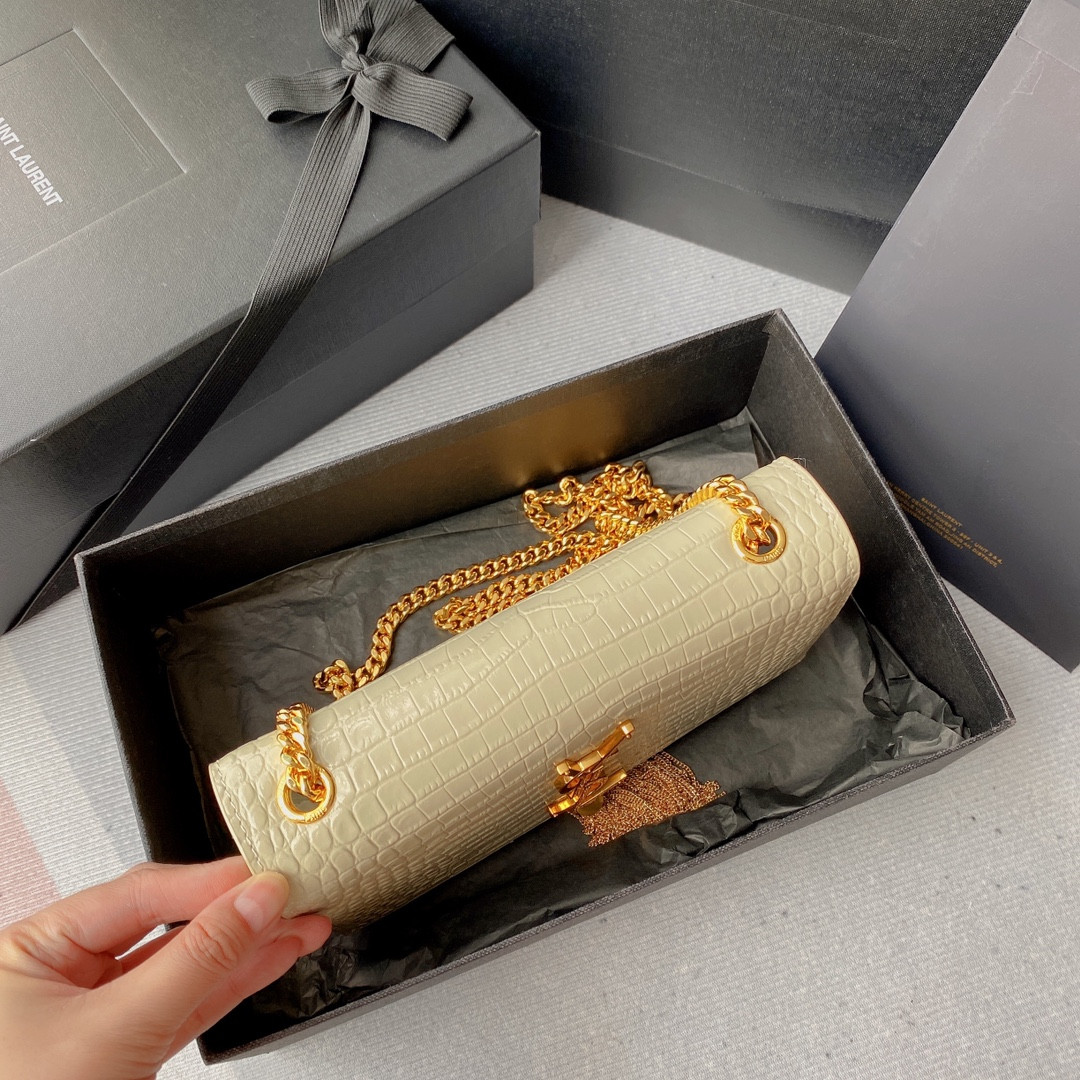 Y*L KATE MEDIUM TASSEL IN CROCODILE-EMBOSSED LEATHER WHITE 9.4 X 5.7 X 2.1 INCHES