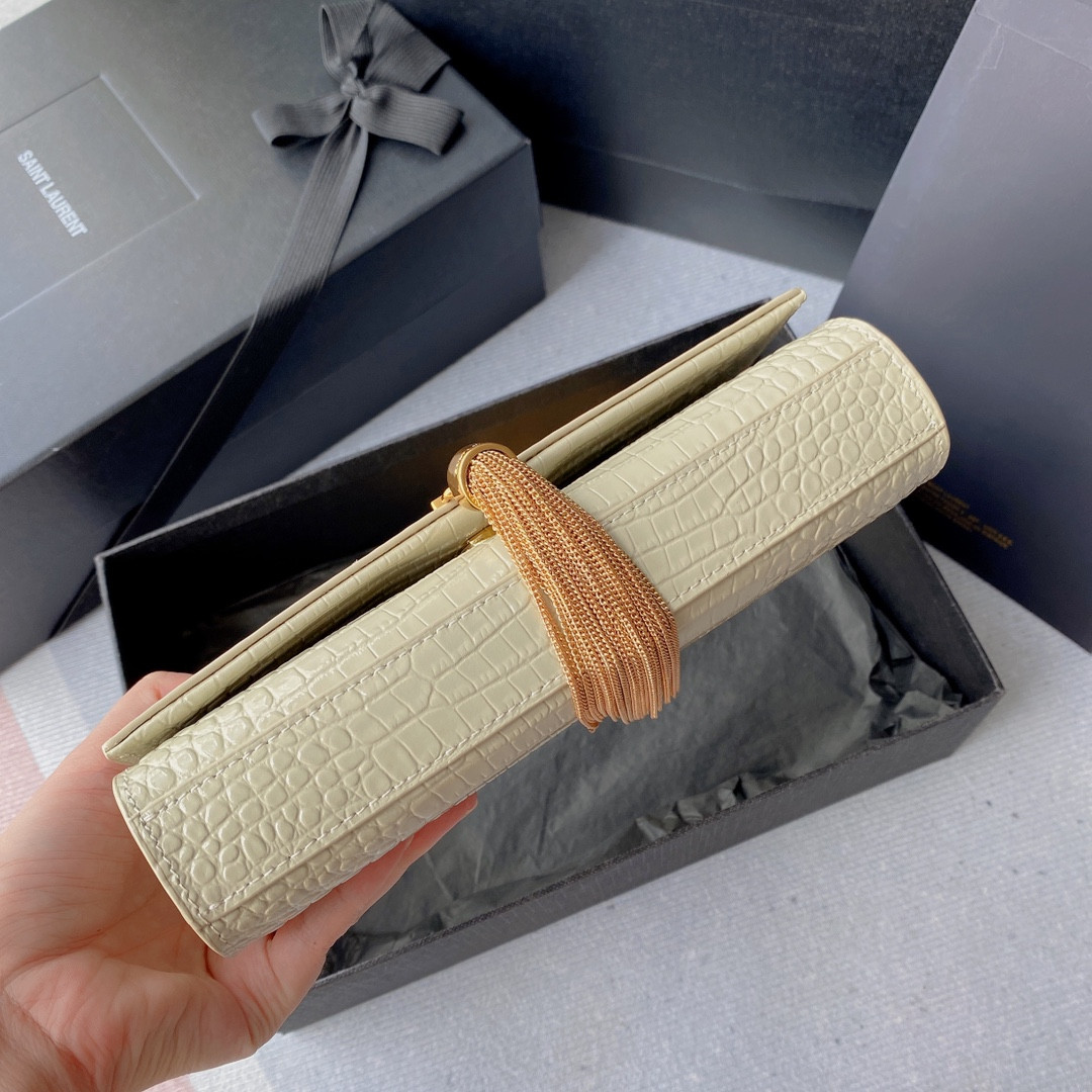 Y*L KATE MEDIUM TASSEL IN CROCODILE-EMBOSSED LEATHER WHITE 9.4 X 5.7 X 2.1 INCHES