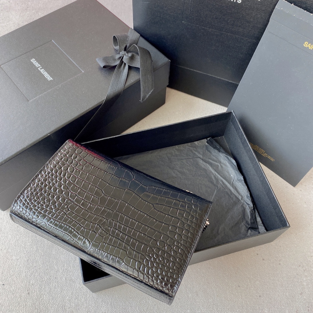 Y*L KATE MEDIUM TASSEL IN CROCODILE-EMBOSSED LEATHER BLACK 9.4 X 5.7 X 2.1 INCHES