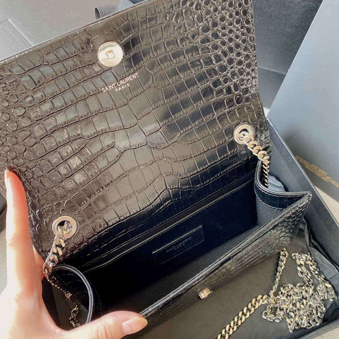 Y*L KATE MEDIUM TASSEL IN CROCODILE-EMBOSSED LEATHER BLACK 9.4 X 5.7 X 2.1 INCHES