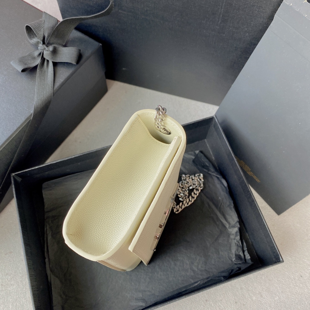 Y*L KATE SMALL IN GRAIN DE POUDRE EMBOSSED LEATHER WHITE SILVER 7.8 X 4.9 X 1.9 INCHES