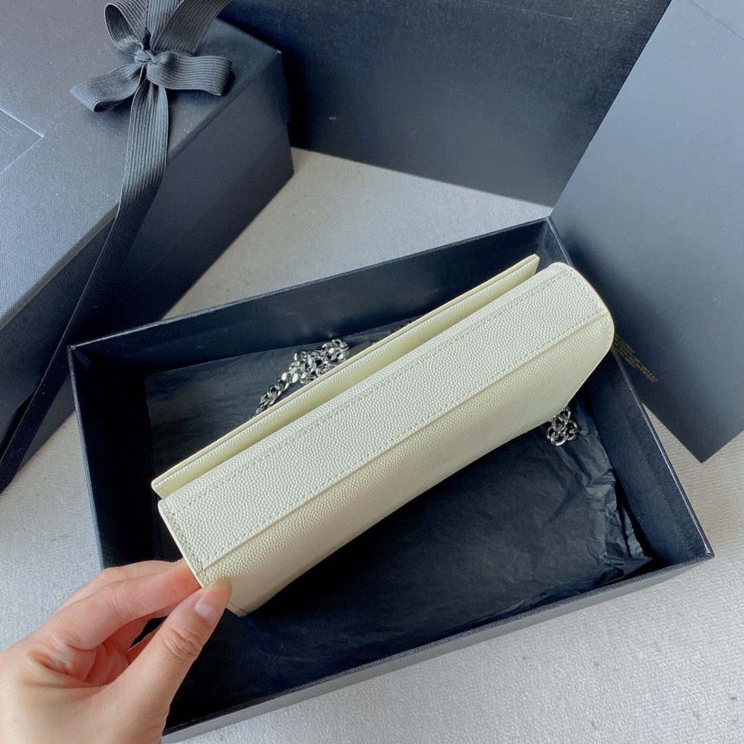 Y*L KATE SMALL IN GRAIN DE POUDRE EMBOSSED LEATHER WHITE SILVER 7.8 X 4.9 X 1.9 INCHES