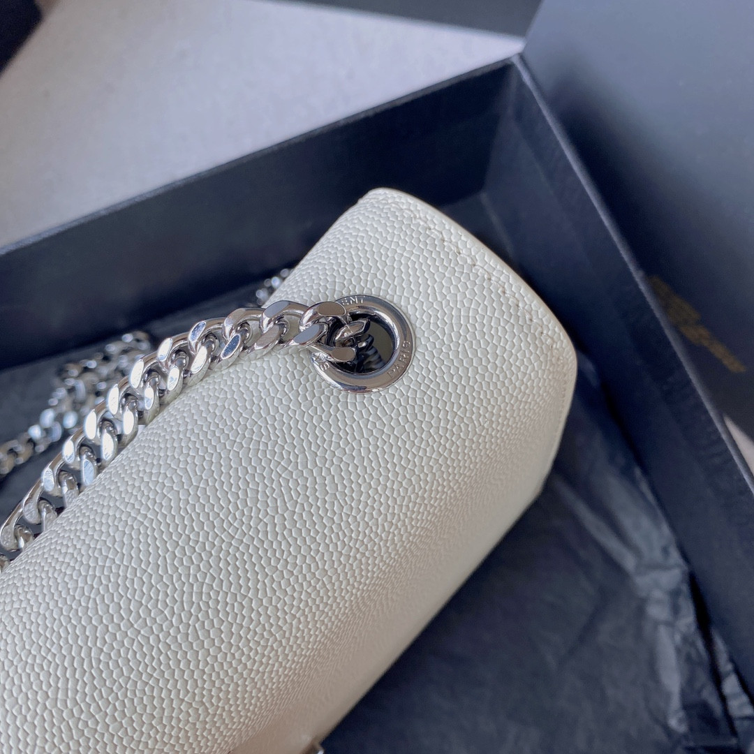 Y*L KATE SMALL IN GRAIN DE POUDRE EMBOSSED LEATHER WHITE SILVER 7.8 X 4.9 X 1.9 INCHES