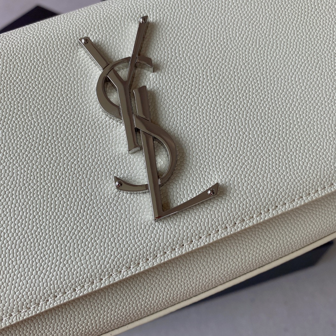 Y*L KATE SMALL IN GRAIN DE POUDRE EMBOSSED LEATHER WHITE SILVER 7.8 X 4.9 X 1.9 INCHES