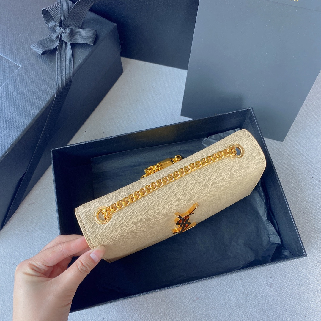 Y*L KATE SMALL IN GRAIN DE POUDRE EMBOSSED LEATHER LIGHT YELLOW GOLD 7.8 X 4.9 X 1.9 INCHES