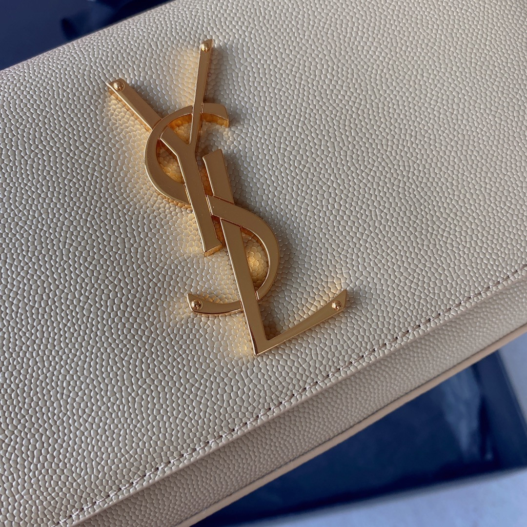 Y*L KATE SMALL IN GRAIN DE POUDRE EMBOSSED LEATHER LIGHT YELLOW GOLD 7.8 X 4.9 X 1.9 INCHES