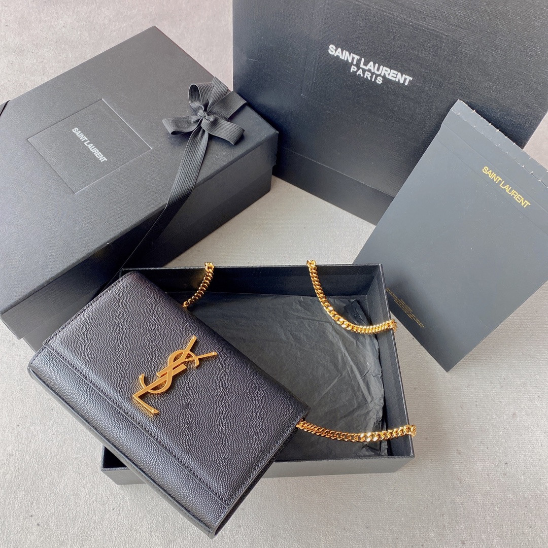 Y*L KATE SMALL IN GRAIN DE POUDRE EMBOSSED LEATHER NAVY GOLD 7.8 X 4.9 X 1.9 INCHES