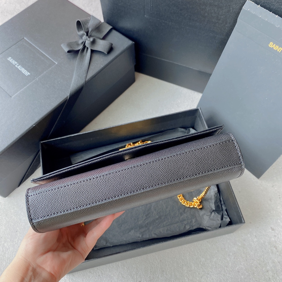 Y*L KATE SMALL IN GRAIN DE POUDRE EMBOSSED LEATHER NAVY GOLD 7.8 X 4.9 X 1.9 INCHES