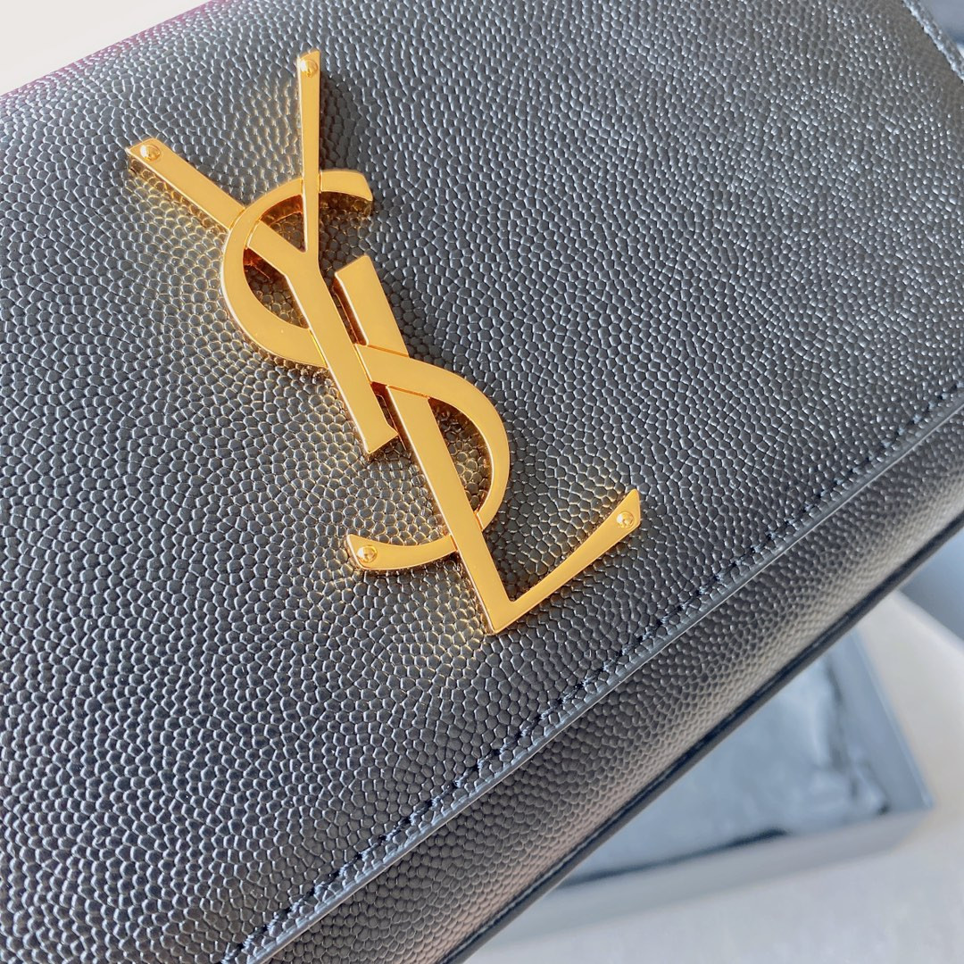 Y*L KATE SMALL IN GRAIN DE POUDRE EMBOSSED LEATHER NAVY GOLD 7.8 X 4.9 X 1.9 INCHES