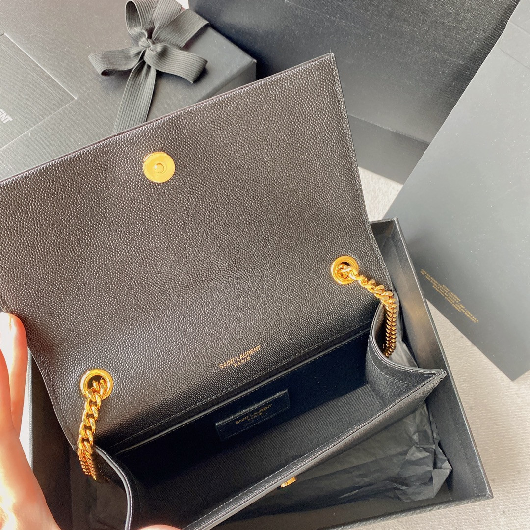 Y*L KATE SMALL IN GRAIN DE POUDRE EMBOSSED LEATHER NAVY GOLD 7.8 X 4.9 X 1.9 INCHES